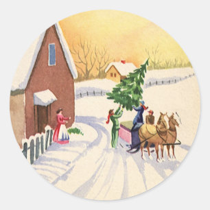 Vintage-Weihnachtsbaum auf einer schneebedeckten W Runder Aufkleber
