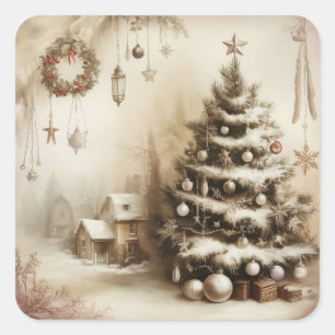Vintage-Weihnachtsbaum-Aufkleber Quadratischer Aufkleber
