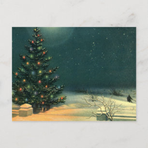 Vintage-Weihnachtsbaum bei Nacht mit Lichtern und Feiertagspostkarte