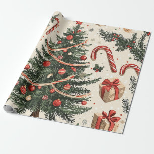 Vintage-Weihnachtsbaum Creme Rot Grün Toile Geschenkpapier