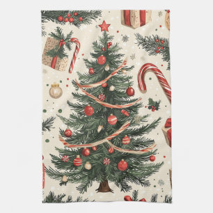 Vintage-Weihnachtsbaum Creme Rot Grün Toile Geschirrtuch