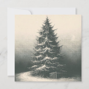 Vintage Weihnachtsbaum im Schnee Radierung Intagli Karte