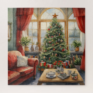 Vintage Weihnachtsbaum im Wohnzimmer mit Kamin Puzzle