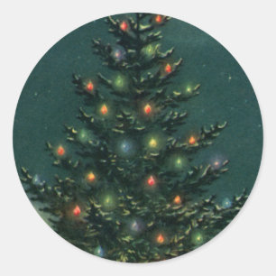 Vintage-Weihnachtsbaum in der Nacht mit Lichtern u Runder Aufkleber