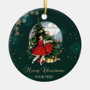 Vintage-Weihnachtsbaum, kleines Mädchen Schneefloc Keramik Ornament