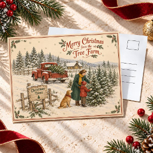 Vintage-Weihnachtsbaumfarm-Roter-LKW-Winter Postkarte