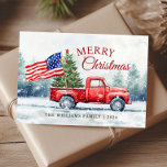 Vintage Weihnachtsbaumflagge Feiertagskarte<br><div class="desc">Vintager Weihnachtswagen mit Weihnachtsbaum und amerikanischer Fahne Weihnachtskarte ist eine festliche Möglichkeit,  Ihre Liebe für Amerika zu zeigen und Ihren Freunden und der Familie Urlaubswünsche zu schicken.</div>