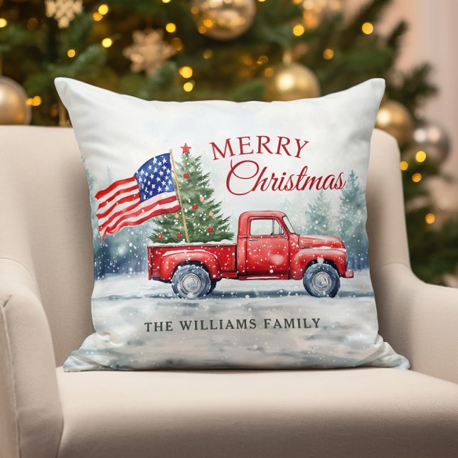 Vintage Weihnachtsbaumflagge Kissen (Vintage Red Christmas Truck with Christmas Tree and American Flag)