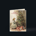 Vintage Weihnachtsbaumgeschenke Feiertagskarte<br><div class="desc">Faltete Urlaubskarte mit einem Vintagen Bild eines Mädchens, das einen Weihnachtsbaum mit eingewickelten Geschenken unter sich schmückt. Text sagt, "Frohe Weihnachten", aber ist für Ihre eigenen Gruß anpassbar. Personalisiert auf der Rückseite mit Ihrer Nachricht und Ihrem Namen. Kontaktieren Sie mich für Hilfe bei Ihrer Anpassung oder um zusätzliche Matching oder...</div>