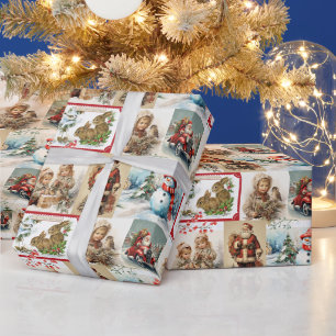 Vintage Weihnachtscollage mit Santa und Kindern Geschenkpapier