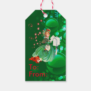 Vintage Weihnachtsdame Mailing Letter Green Geschenkanhänger