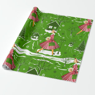 vintage weihnachtsdame schneeflocken 1950er jahre geschenkpapier