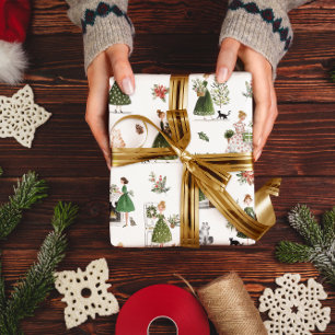 Vintage-Weihnachtsdamen und -Katzen Aquarell Geschenkpapier