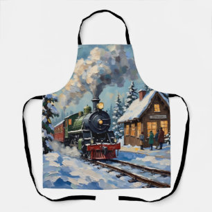 Vintage-Weihnachtsdampfzug im schneebedeckten Bahn Schürze