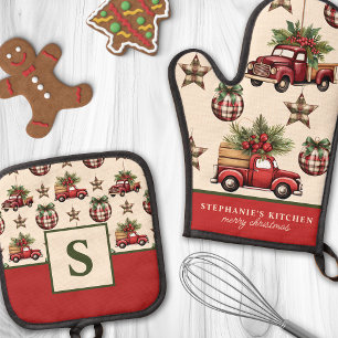 Vintage-Weihnachtsdekoration Retro-Monogramm Ofenhandschuh & Topflappen-Set