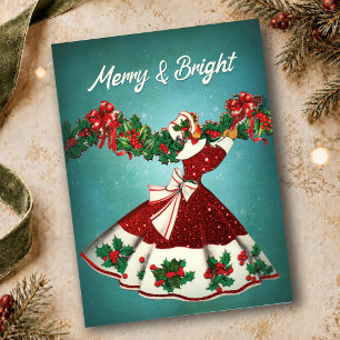 Vintage-Weihnachtsdekoration rotes Glitter-Mädchen Postkarte
