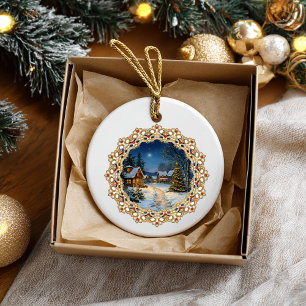 Vintage-Weihnachtsdorf-Doily Keramik Ornament