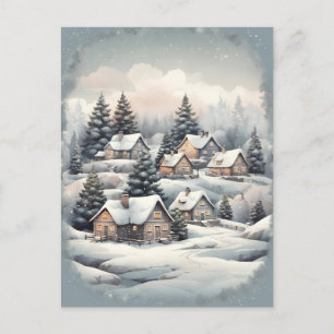 Vintage Weihnachtsdorf im Wald Postkarte