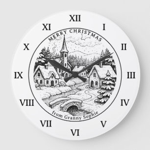 Vintage-Weihnachtsdorf im Winter - Römische Zahl Große Wanduhr