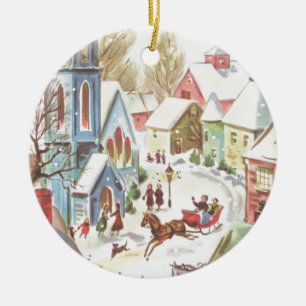 Vintage Weihnachtsdörfsszene Keramikornament