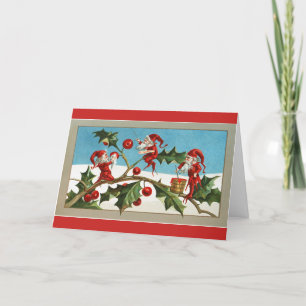 Vintage - Weihnachtselfen malen Stechpalmenbeeren, Feiertagskarte