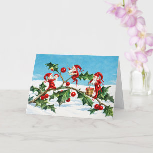 Vintage-Weihnachtselfen malen Stechpalmenbeeren Karte