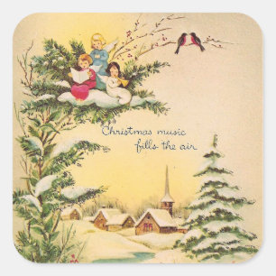 Vintage-Weihnachtsengel im Baum Quadratischer Aufkleber