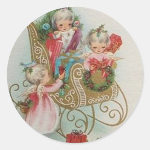 Vintage-Weihnachtsengel im Schlitten Runder Aufkleber