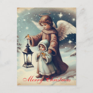 Vintage-Weihnachtsengel, Kind und Vögel Postkarte