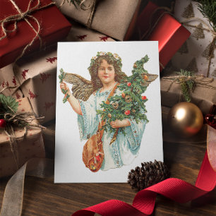 Vintage-Weihnachtsengel-mit-Christbaum-Grußkarte Feiertagspostkarte