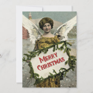 Vintage-Weihnachtsengel mit goldenem Gewand und Gr Feiertagskarte