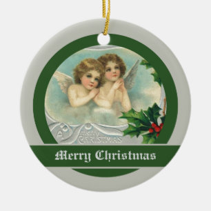 Vintage-Weihnachtsengel und Heilige Beeren-Ornamen Keramik Ornament