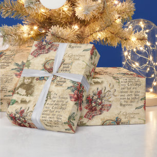 Vintage Weihnachtsephemera, Stechpalme und verzier Geschenkpapier