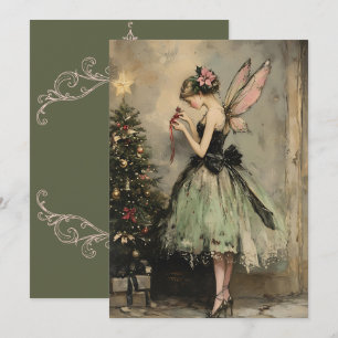 Vintage-Weihnachtsfee in Grün schmückt den Weihnac Feiertagskarte