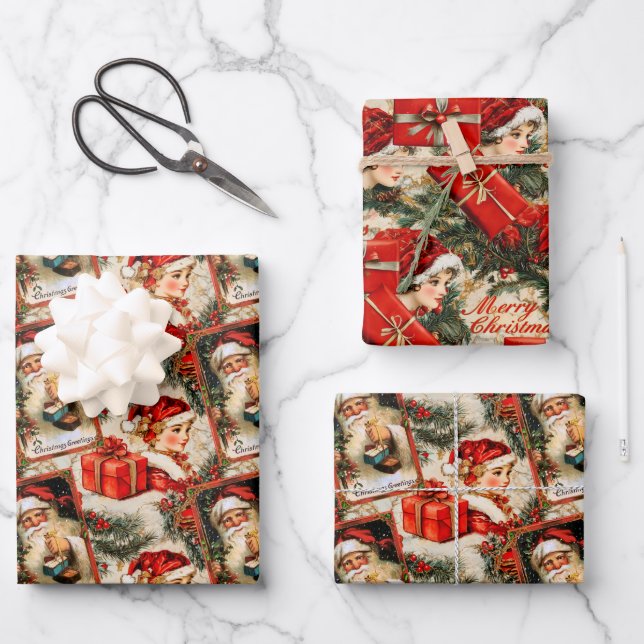 Vintage Weihnachtsfeier Geschenkpapier Set (Vorderseite)