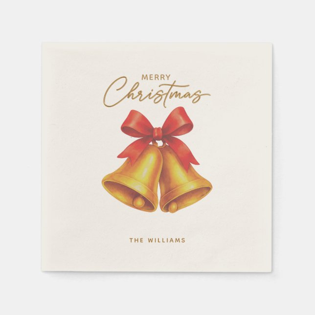 Vintage Weihnachtsfeiertage in Rot und Gold Glocke Serviette (Vorderseite)
