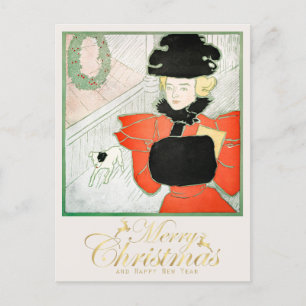 Vintage-Weihnachtsfrau beim Schaufensterbummel Postkarte