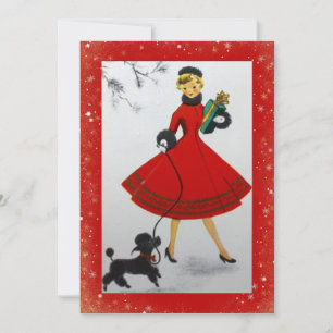 Vintage-Weihnachtsfrau Hund Rot Gold Feiertagskart Feiertagskarte