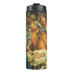Vintage-Weihnachtsgeburt, Jesuskind in der Krippe Thermosbecher
