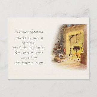 Vintage-Weihnachtsgedicht mit Hund und Kamin Feiertagspostkarte