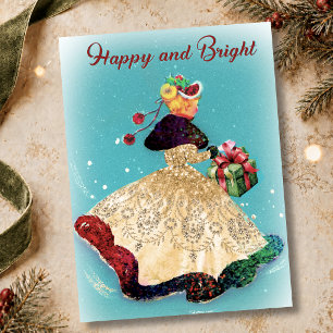 Vintage-Weihnachtsgeschenkbox Goldglitter-Mädchen Postkarte