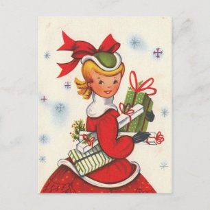 Vintage Weihnachtsgirl aus den 1950er Jahren Feiertagspostkarte