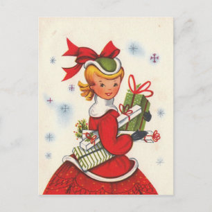 Vintage Weihnachtsgirl aus den 1950er Jahren Feiertagspostkarte