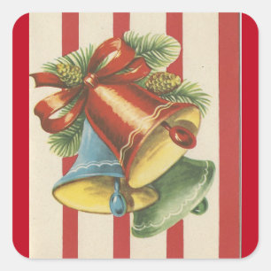 Vintage-Weihnachtsglocken mit roten und weißen Str Quadratischer Aufkleber