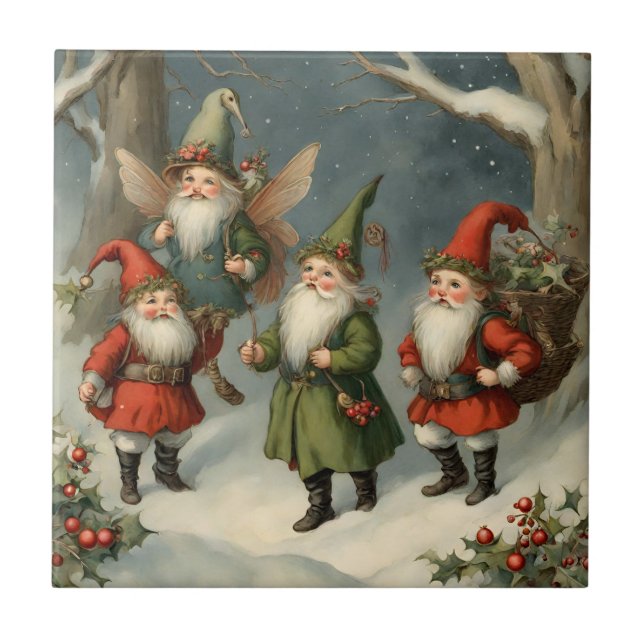 Vintage Weihnachtsgnomen der Märchen im Wald Fliese (Vorderseite)