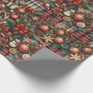 Vintage Weihnachtsgrün Botanisches Kariertes Muste Geschenkpapier