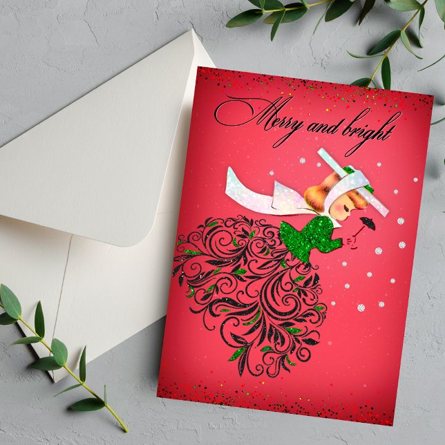 Vintage Weihnachtsgrün Glitzer Schal Mädchen Einladung (Von Creator hochgeladen)