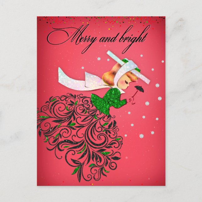 Vintage Weihnachtsgrün Glitzer Schal Mädchen Postkarte (Vorderseite)