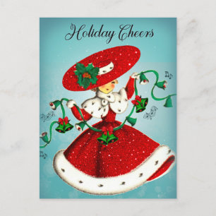 Vintage Weihnachtsgrün Glocken Rote Glitzer Mädche Postkarte