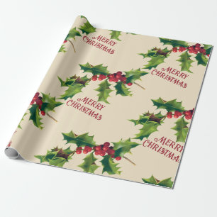 Vintage-Weihnachtsgruß mit Stechpalme Geschenkpapier